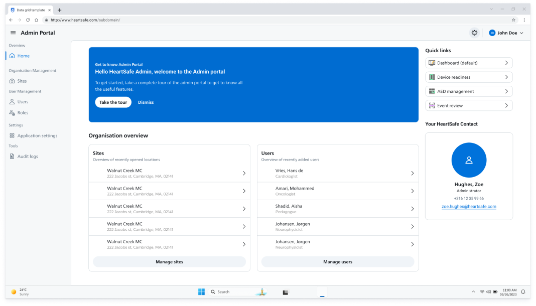 HeartSafe Admin Portal overview with quick links, sites, users, and contact information
