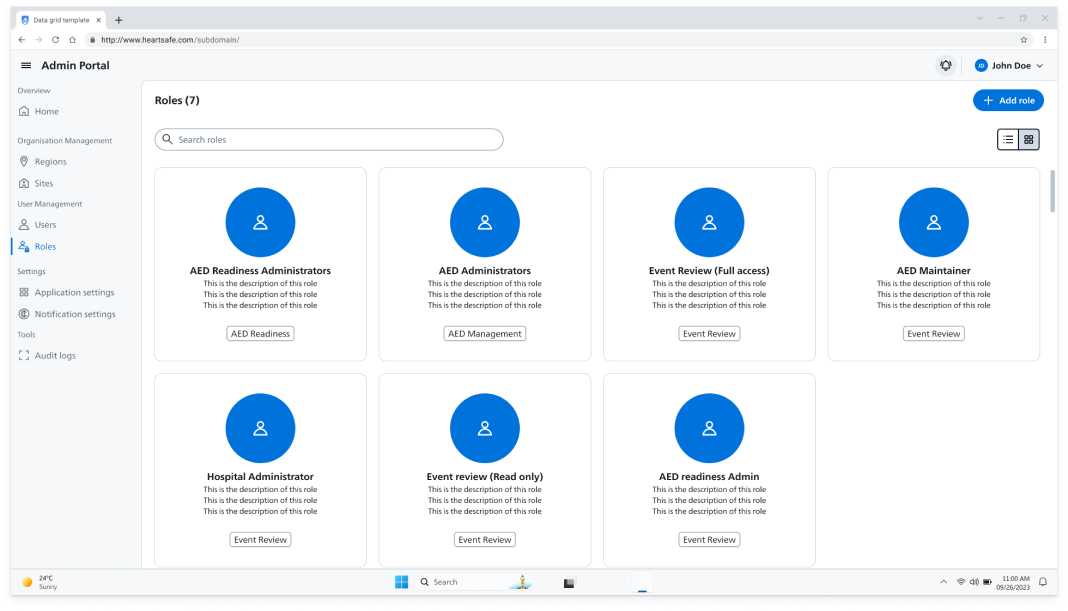 HeartSafe role management screen with readiness, AED, event review, maintenance, and hospital roles