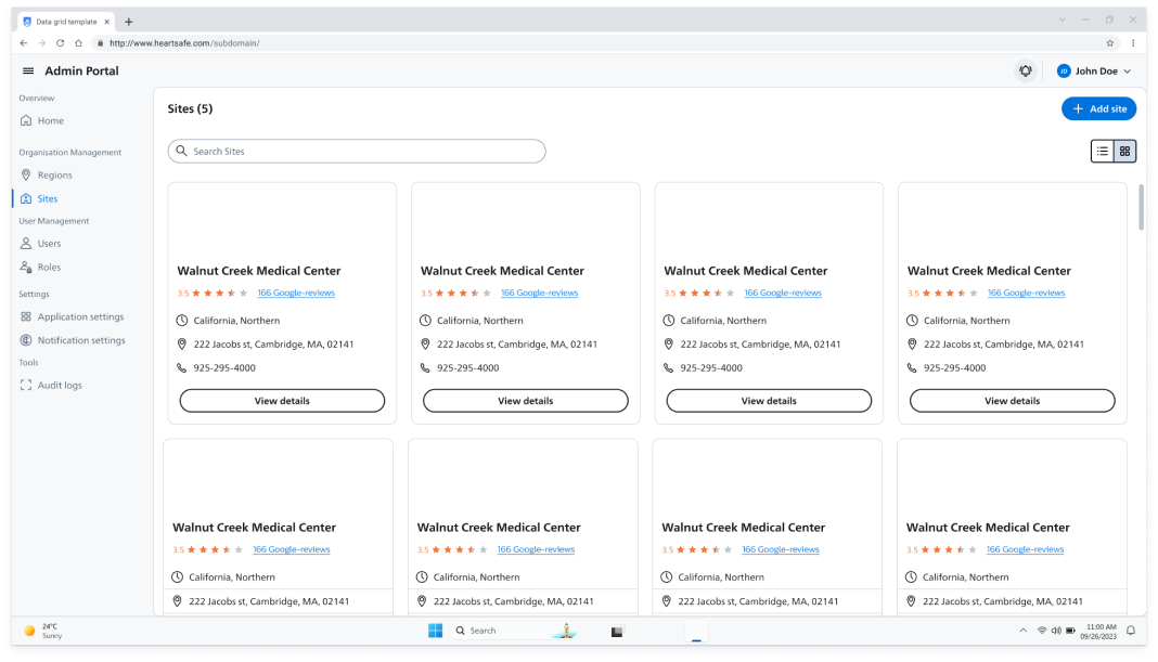 HeartSafe site management screen with searchable medical-centre cards